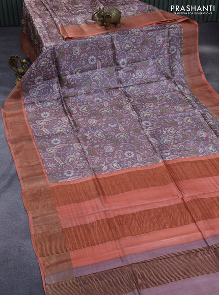 Pure tussar silk saree brown and peach shade with allover kalamkari prints and zari woven border