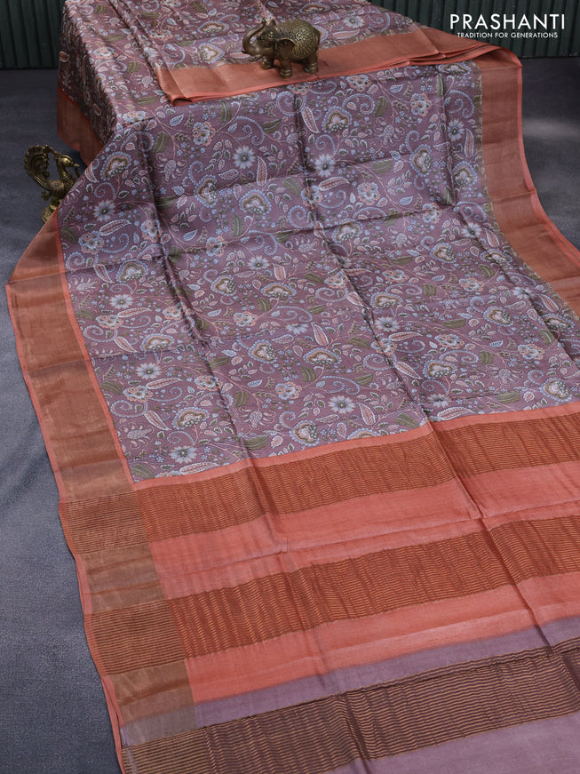 Pure tussar silk saree brown and peach shade with allover kalamkari prints and zari woven border