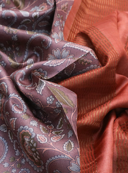 Pure tussar silk saree brown and peach shade with allover kalamkari prints and zari woven border