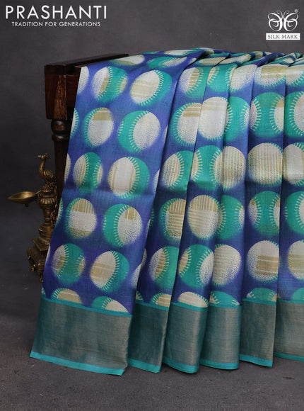 Pure tussar silk saree blue and teal green with butta prints and zari woven border