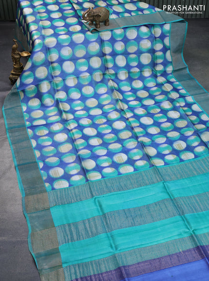 Pure tussar silk saree blue and teal green with butta prints and zari woven border