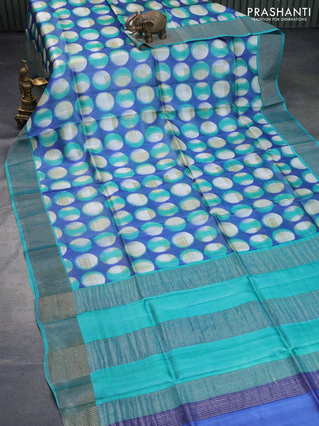 Pure tussar silk saree blue and teal green with butta prints and zari woven border