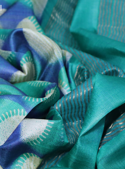 Pure tussar silk saree blue and teal green with butta prints and zari woven border