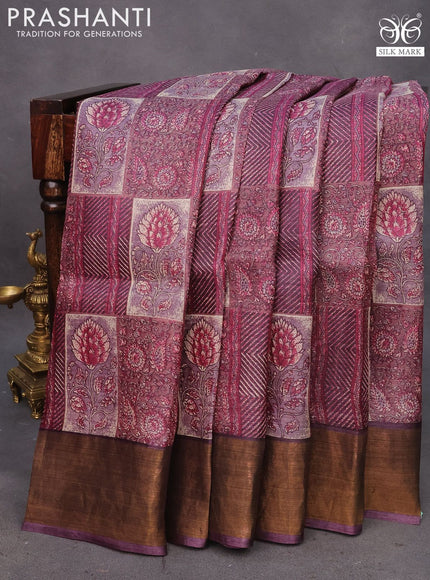 Pure tussar silk saree rosy brown and wine shade with allover prints and zari woven border