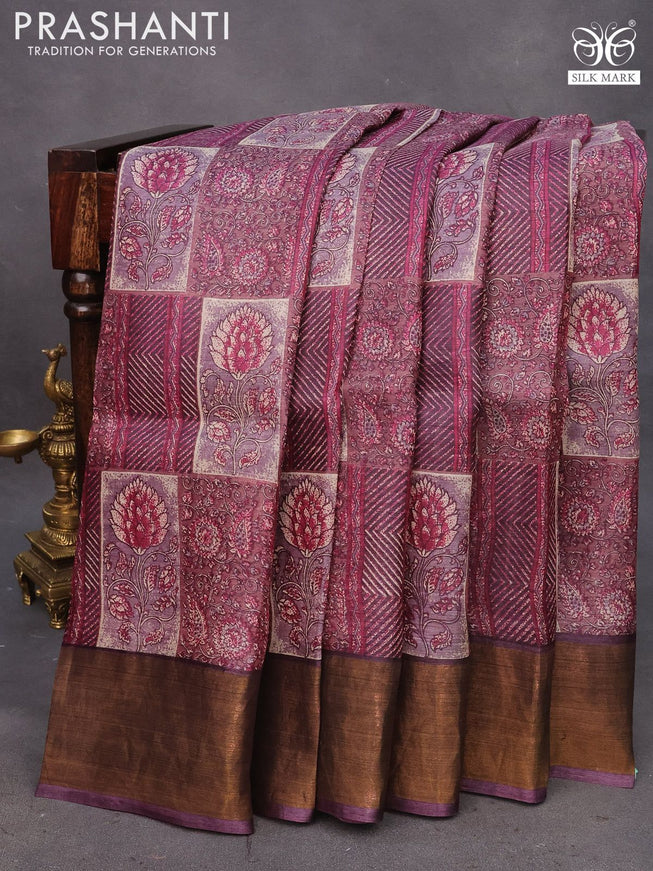 Pure tussar silk saree rosy brown and wine shade with allover prints and zari woven border