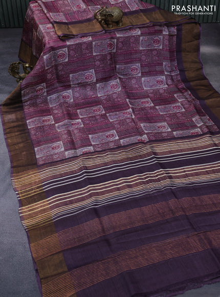 Pure tussar silk saree rosy brown and wine shade with allover prints and zari woven border