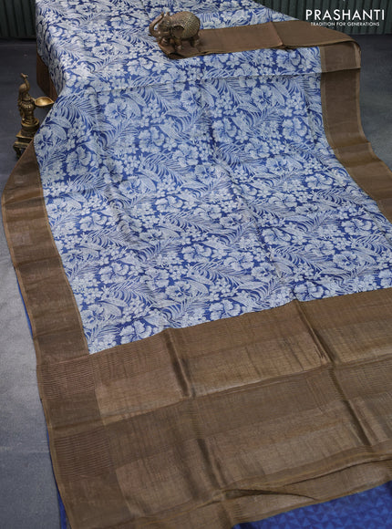 Pure tussar silk saree blue with allover prints and zari woven border