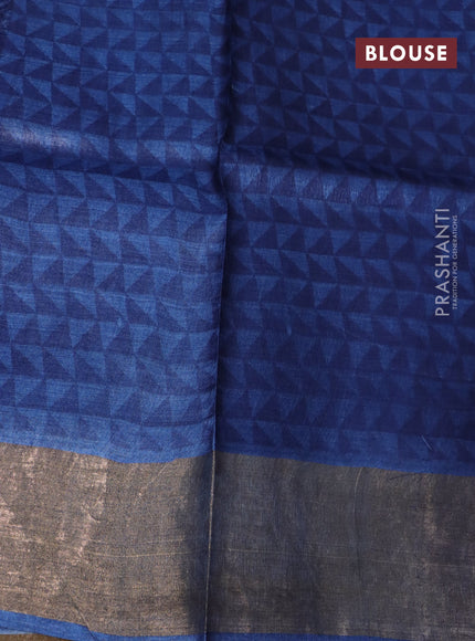 Pure tussar silk saree blue with allover prints and zari woven border