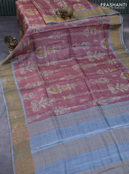 Pure tussar silk saree pastel brown and grey with butta prints and zari woven border