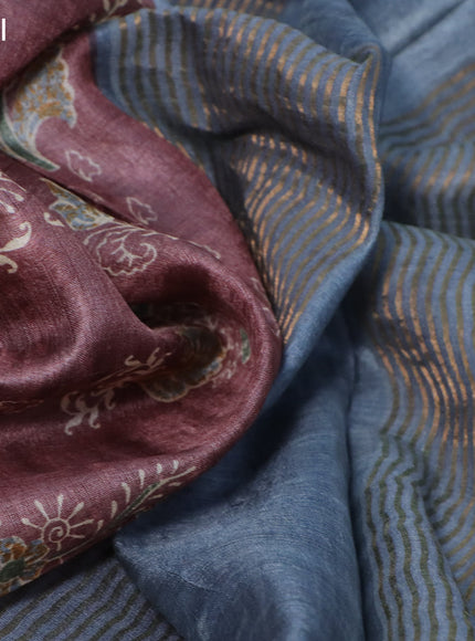 Pure tussar silk saree pastel brown and grey with butta prints and zari woven border