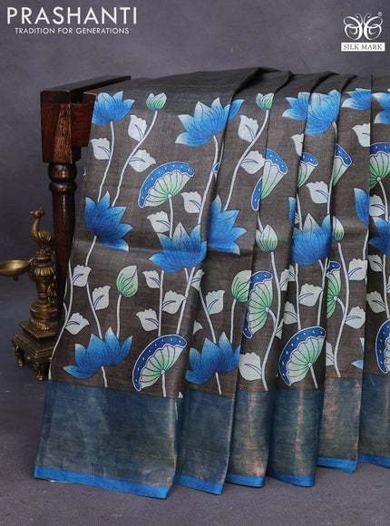 Pure tussar silk saree dark grey and cs blue with allover floral prints and zari woven border