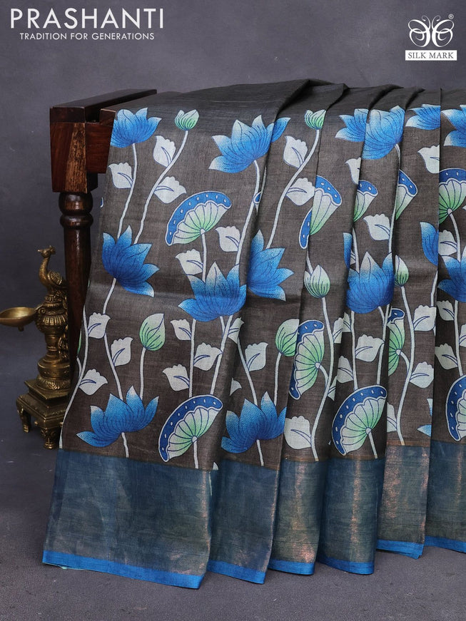 Pure tussar silk saree dark grey and cs blue with allover floral prints and zari woven border