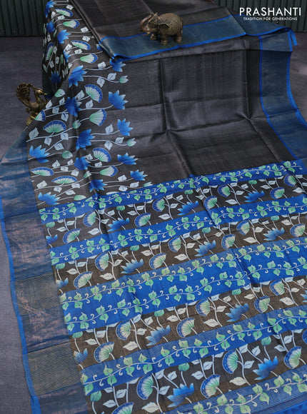 Pure tussar silk saree dark grey and cs blue with allover floral prints and zari woven border