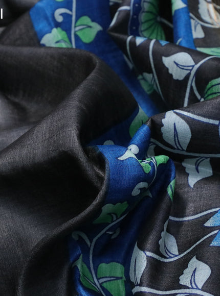 Pure tussar silk saree dark grey and cs blue with allover floral prints and zari woven border