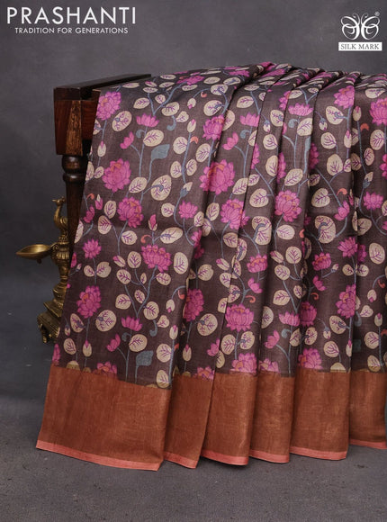 Pure tussar silk saree deep coffee brown and rust shade with allover kalamkari prints and zari woven border