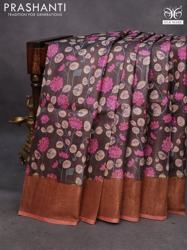 Pure tussar silk saree deep coffee brown and rust shade with allover kalamkari prints and zari woven border