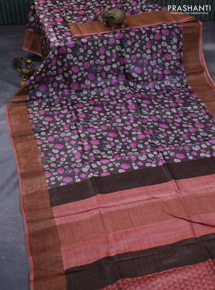 Pure tussar silk saree deep coffee brown and rust shade with allover kalamkari prints and zari woven border