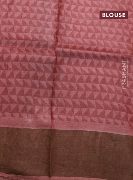 Pure tussar silk saree deep coffee brown and rust shade with allover kalamkari prints and zari woven border