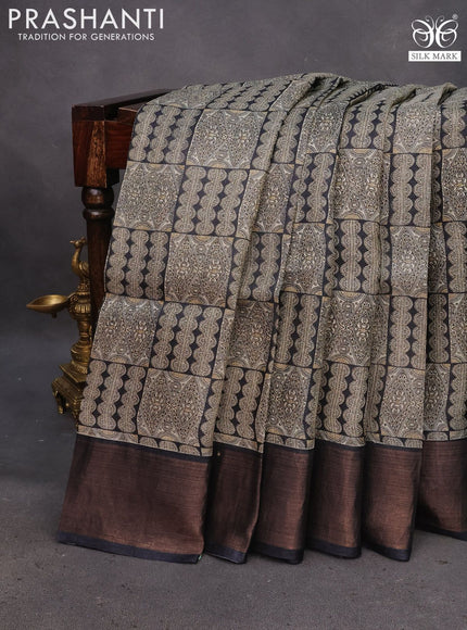 Pure tussar silk saree beige and elephant grey with allover prints and zari woven border