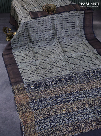 Pure tussar silk saree beige and elephant grey with allover prints and zari woven border