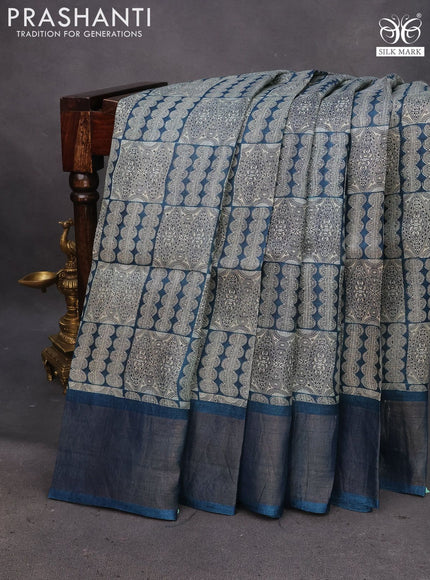 Pure tussar silk saree beige and cs blue with allover prints and zari woven border