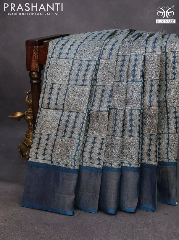 Pure tussar silk saree beige and cs blue with allover prints and zari woven border