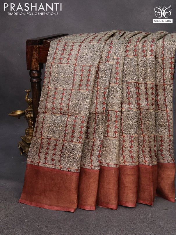 Pure tussar silk saree beige and rust shade with allover prints and zari woven border