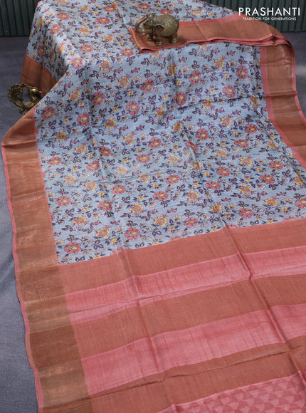 Pure tussar silk saree grey and rust shade with allover floral prints and zari woven border