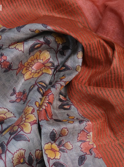 Pure tussar silk saree grey and rust shade with allover floral prints and zari woven border