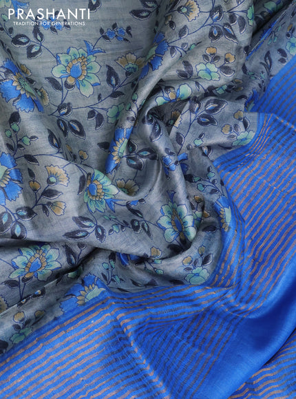 Pure tussar silk saree grey and cs blue with allover floral prints and zari woven border