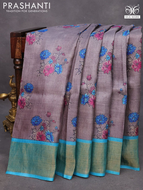 Pure tussar silk saree grey and teal blue with allover floral prints and zari woven border