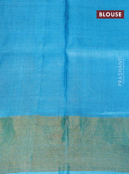 Pure tussar silk saree grey and teal blue with allover floral prints and zari woven border