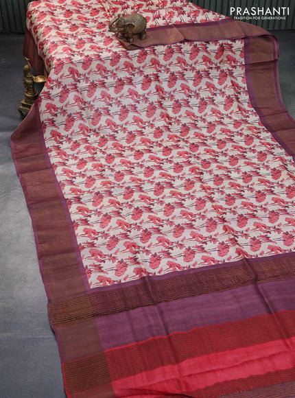 Pure tussar silk saree cream and wine shade with allover prints and zari woven border