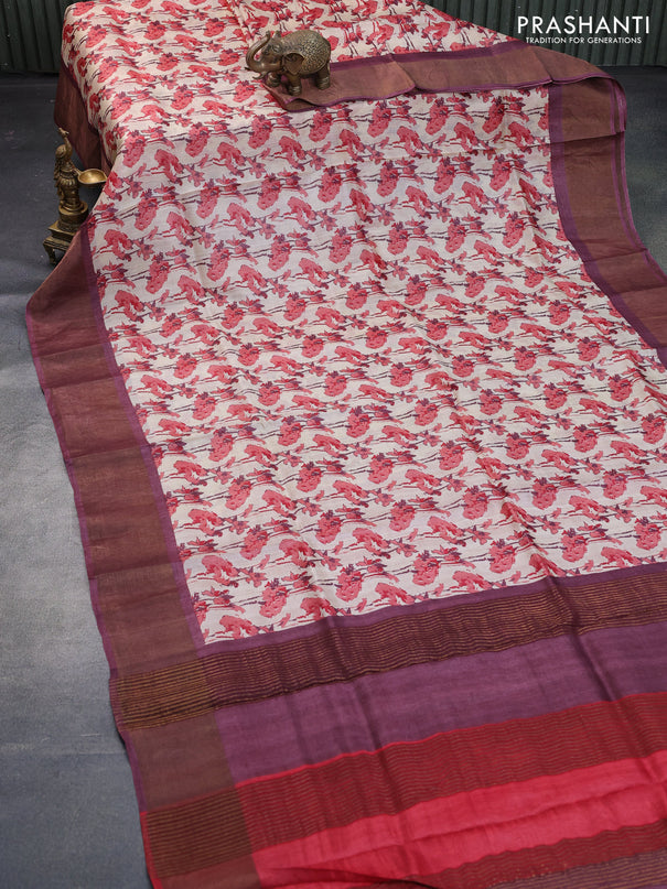 Pure tussar silk saree cream and wine shade with allover prints and zari woven border