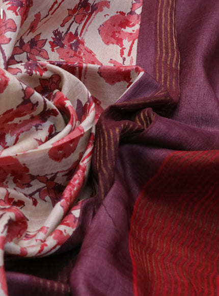 Pure tussar silk saree cream and wine shade with allover prints and zari woven border