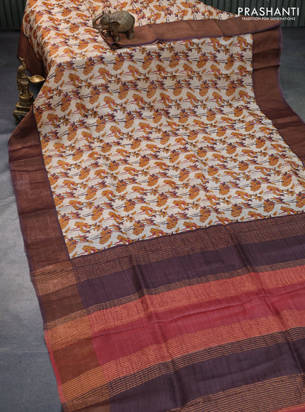 Pure tussar silk saree cream and brown with allover prints and zari woven border