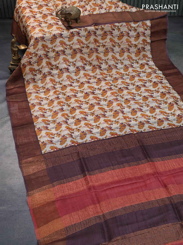 Pure tussar silk saree cream and brown with allover prints and zari woven border