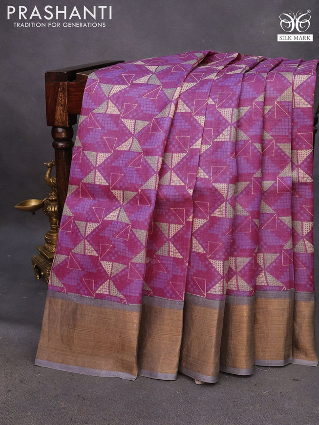 Pure tussar silk saree magenta pink and grey with allover geometric prints and zari woven border