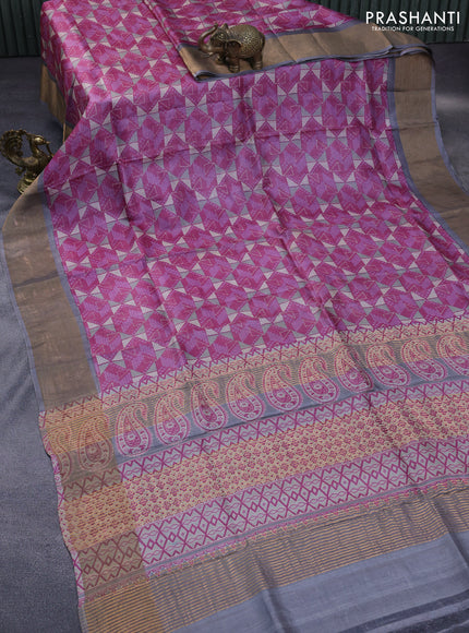 Pure tussar silk saree magenta pink and grey with allover geometric prints and zari woven border