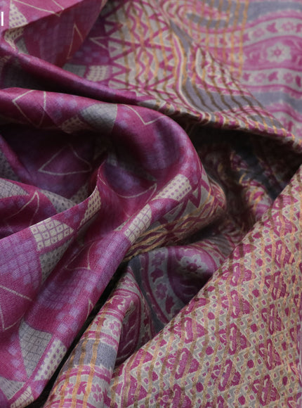 Pure tussar silk saree magenta pink and grey with allover geometric prints and zari woven border