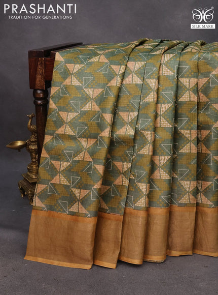 Pure tussar silk saree sap green shade and mustard yellow with allover geometric prints and zari woven border