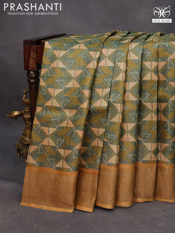 Pure tussar silk saree sap green shade and mustard yellow with allover geometric prints and zari woven border