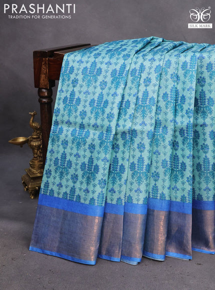 Pure tussar silk saree teal blue and royal blue with allover prints and zari woven border