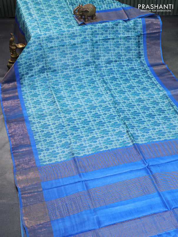 Pure tussar silk saree teal blue and royal blue with allover prints and zari woven border