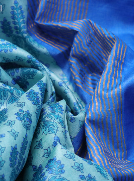 Pure tussar silk saree teal blue and royal blue with allover prints and zari woven border