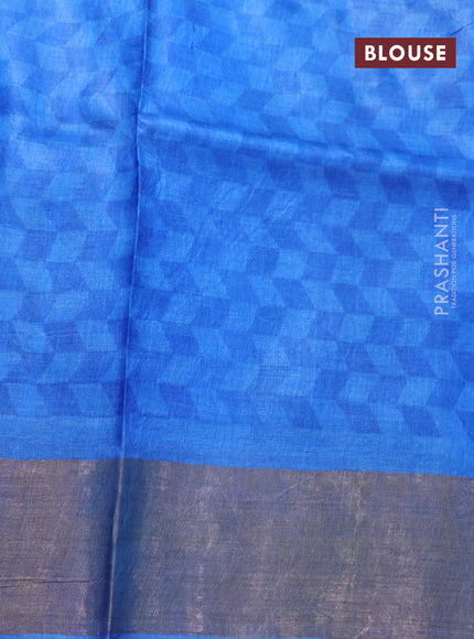 Pure tussar silk saree teal blue and royal blue with allover prints and zari woven border