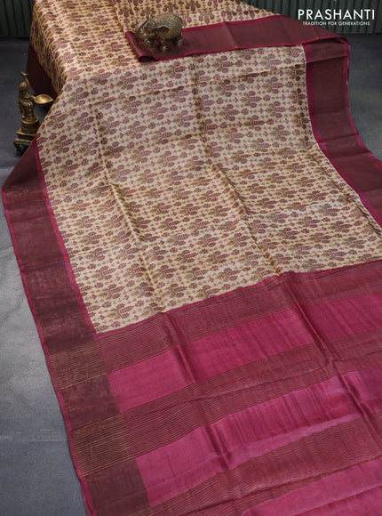 Pure tussar silk saree sandal and maroon with allover prints and zari woven border