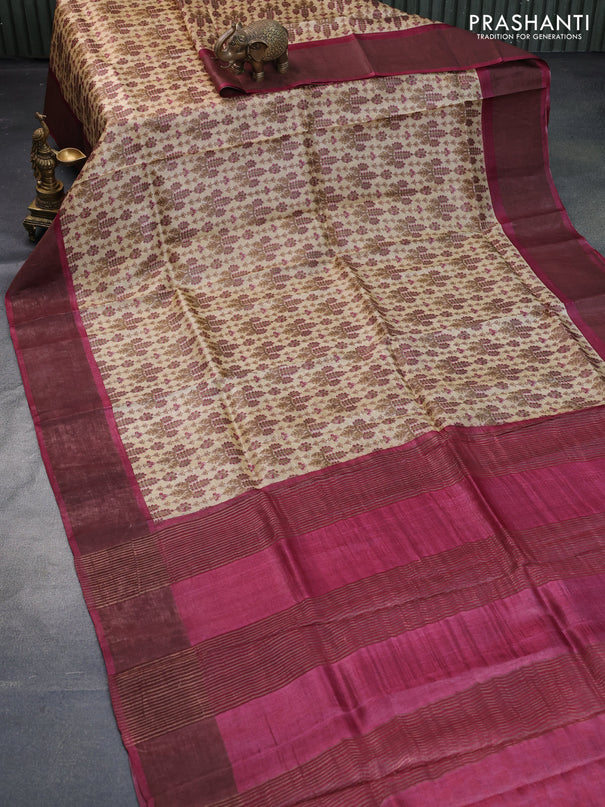 Pure tussar silk saree sandal and maroon with allover prints and zari woven border