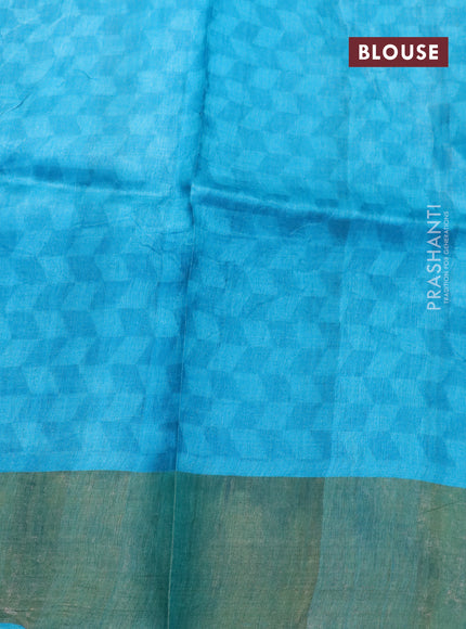 Pure tussar silk saree elaichi green and teal blue with allover prints and zari woven border