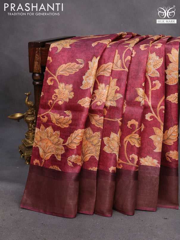 Pure tussar silk saree maroon and wine shade with allover floral prints and zari woven border